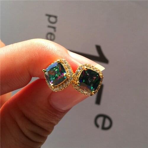 Rainbow Crystal Stone Stud Earrings Multicolor Square Zircon Earrings For Women Vintage Black Rose Gold Silver Color Earrings