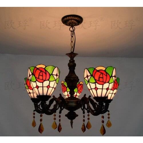 Tiffany red rose Stained Glass Suspended Luminaire E27 110-240V Chain Pendant lights for Home Parlor Dining Room