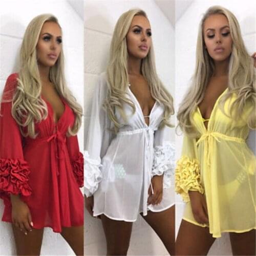 Women Sexy Beach Cover-up Swim Long Puff Sleeve Bathing Suit Summer Beach Wear Pareo Swimwear Mesh Beach Dress Tunic Robe