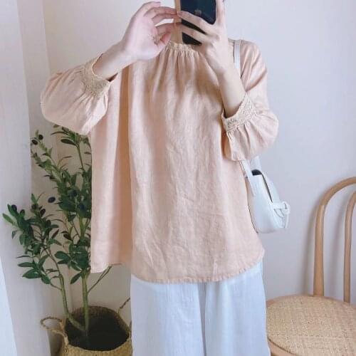 Johnature New Korean Linen Women Tops 2021 Spring Vintage Simple All Match Patchwork Lace Female Shirts