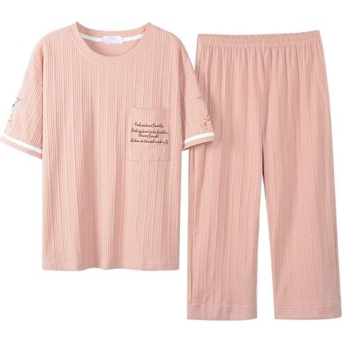 Women Pink Pajamas Sets 2PCS Cotton Pyjamas Print Letter Stripe Sleep Suit Sleepwear Nightwear Summer Lounge Home Wear M-XXL