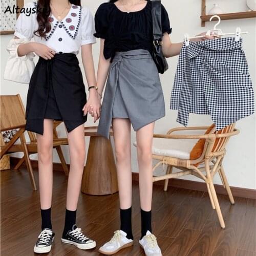 Skirts Women Summer Vintage Friends Fashion Patchwork Students Empire Asymmetrical 3 Colors Casual All-match A-line Korean Style