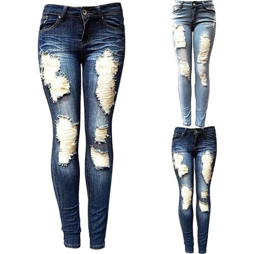 Womens Slim Jeans Solid Color Hole Ripped Jeans Ordinary Washed Blue Denim Pencil Pants Boyfriend Streetwear Vintage