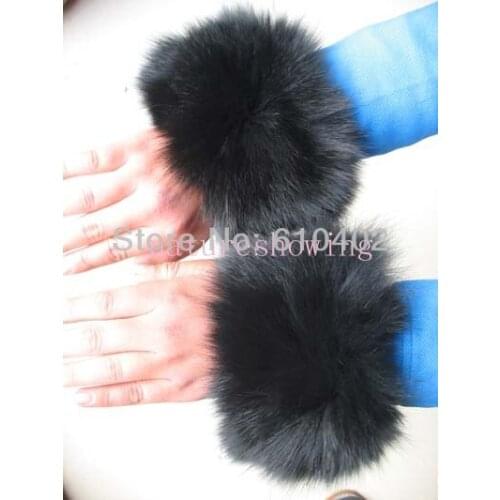 Womens Winter Real Fox Fur Sleeves Cuffs Handmade Black