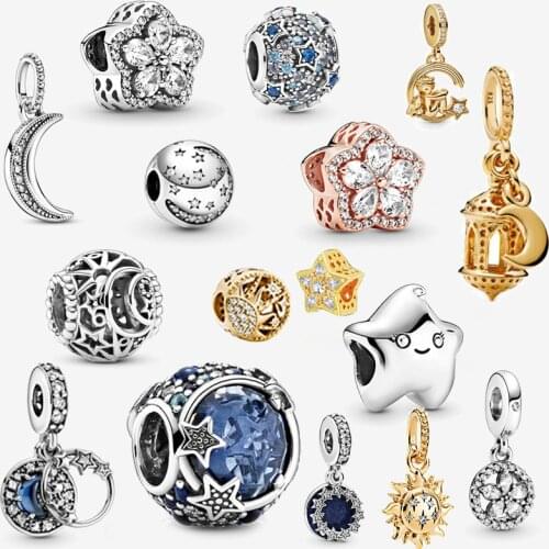 925 Sterling Silver Beads Authentic Crescent Moon Pendant Sparkling Stars Charm Fit Original Pandora Bracelet Women DIY Jewelry