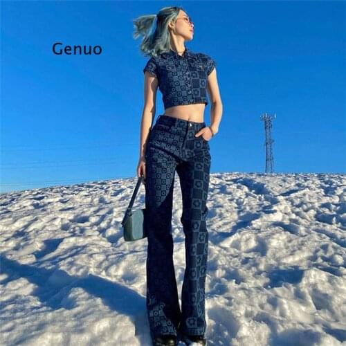 Tees Summer Jeans Top T-Shirts Women Short Sleeve Lapel Single-Breasted Cardigan Slim-Fit Denim Jacket Trousers Two-Piece Suit