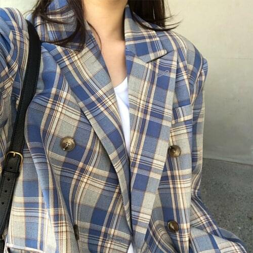 England Style 2021 Winter Plaid Blazer Fashion Double Breasted Loose Suit Coat Casual Jacket Outwear