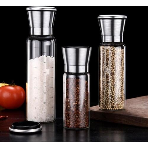1PCS Fashion Stainless Steel Mill Glass Body Spice Salt and Pepper Grinder Kitchen Accessories Cooking Tool Portable