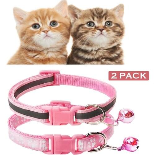 2 Pack Footprint Reflective Cat Collar with Bell Basic Dog Cat Collar Buckle Adjustable Polyester Paw Dog Collar