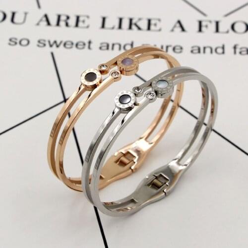 Fashion Better Shell Double Round Roman Numerals Crystal Bangle Bracelet Stainless Steel Rose Gold Color Women Party Gift