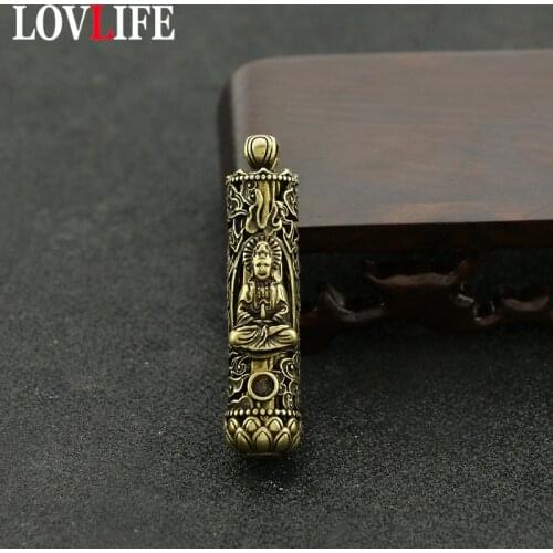 Vintage Brass Cylinder Buddha Statue Pendants Keychain Pure Copper Lotus Base Auspicious Clouds Pattern Lucky Key Chains Jewelry