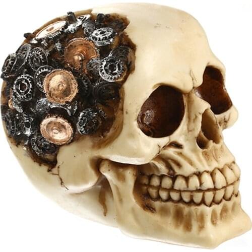 BUF Steampunk Cyborg Protruding Gear Work Human Head Skull Statue Clockwork Gear Design Skeleton Cranium Figurine