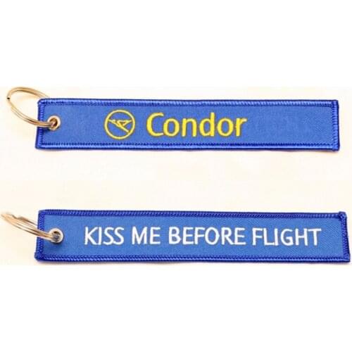 Condor Airlines Kiss Me Before Flight Embroidered Keychain Metal Ring with Fabric Tag