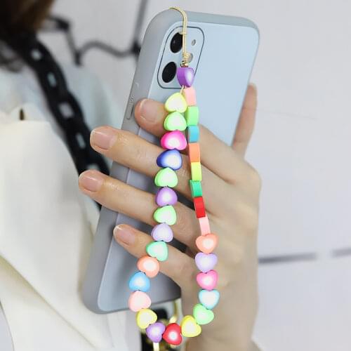 Disc Beads Crystal Chain for Phone Mobile Phone Lanyard Smile Cell Phone Chain 2021 LOVE Letter String Wristband Couple Bracelet