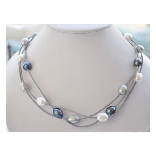 Elegant Handmade Real Pearl Jewelry 3row 18'' 14mm White Gray Black Rice Freshwater Pearl Gray Leather Necklace