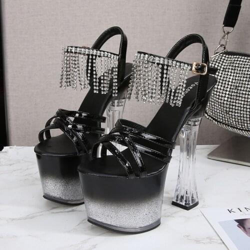 HOKSVZY Platform Sandals Women 2021 Summer Sexy Square Heel Cross Belt High Heels 17cm Bling Ladies Strip Dance Shoes LFD