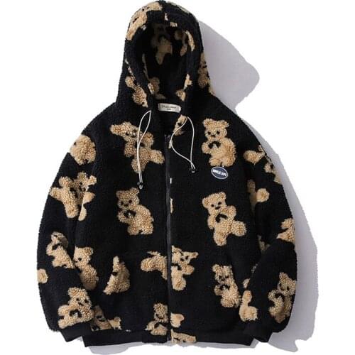 Ins bear print loose hooded couple cashmere jacket winter coat mens clothing