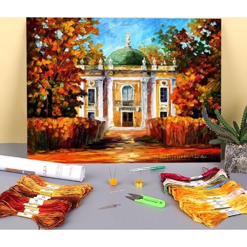 Oil Painting Style Old Park Printed Water-Soluble Canvas 11CT Cross-Stitch Kit Embroidery DMC Threads Handiwork Adults