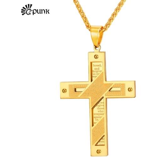 Crucifix Cross Designer Necklace With Bible Prayer yellow Gold color 316L Stainless Steel Resizable Men Punk Necklace P2116G