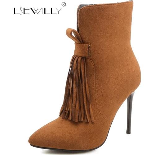 Lsewilly 2018 hot sale boots women pointed toe ankle boots zipper stiletto heel boots fashion Tassels sexy prom shoes woman E116