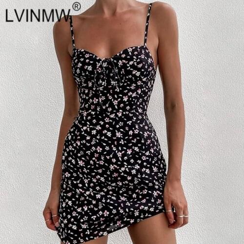 LVINMW Spaghetti Straps Flower Printed Slim Fashion Summer Mini Dress Sleeveless Front Lace Up Fresh Casual Dresses For Women