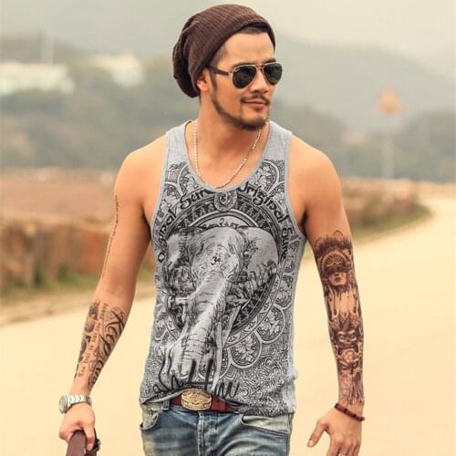 Men Tank Top Casual Fitness Sleeveless Hip Hop Vest Elephant Print Cotton undershirt 2021 Vintage Round Neck Daily Tops Tees
