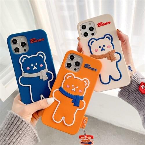 3D Korean Cute Cartoon Scarf Bear Soft Silicone Phone Case For Apple IPhone 12 Mini 11 Pro Max XR XS 8 7 6s Plus Back Cover Case