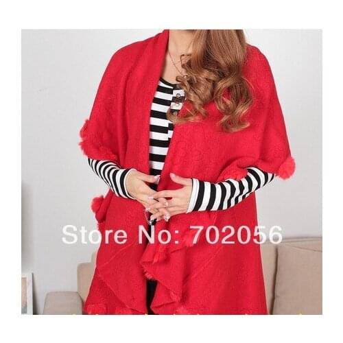 Luxury solid plain rabbit fur ball fringed wraps shawl Sarongs Hijabs scarf ponhos stole mixed colors SOFT #3447