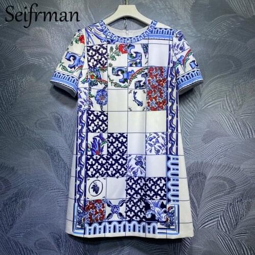 Seifrmann 2021 New Summer Women Fashion Designer Loose Party Dress Short Sleeve Gorgeous Crystal Beading Print Ladies Mini Dress