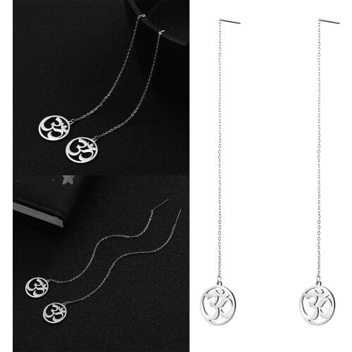 Teamer OM Chakra Yoga Symbol Charm Long Earrings for Women Stainless Steel Linear Drop Earrings Buddha Indian Jewelry Gifts