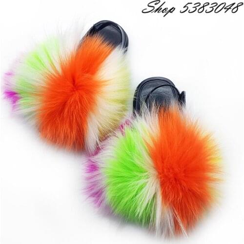 Fashion Baby Girl Real Fox Fur Slippers Children Slippers Home Flat Toddler Fur Slides Mixed Color Cute Plush Furry Fur Sandals