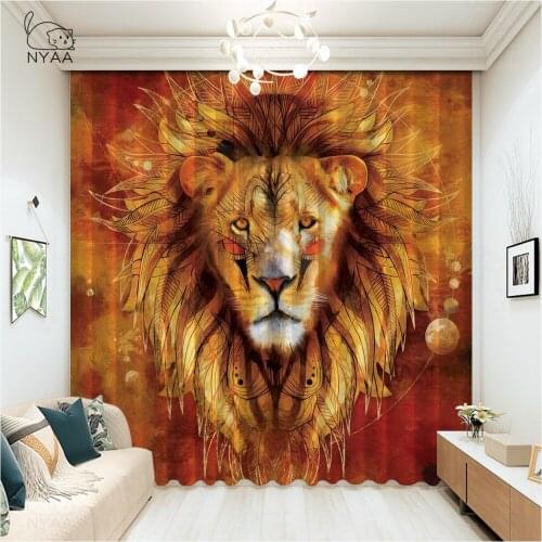 Watercolor Roaring Lion Painting Curtains In Flower Window Curtain For Bedroom Elegant Printed Curtains Rope Micro Shading