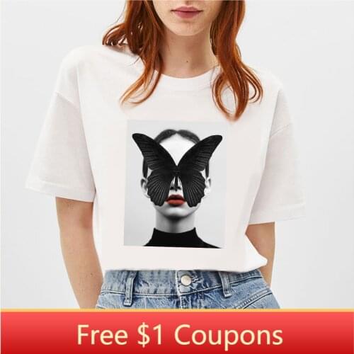 BLINGPAW Minimalist Women T-shirt Black Butterfly Summer Short-sleeved Tops & Tees O-Neck Casual Girls Large Size 100% Cotton