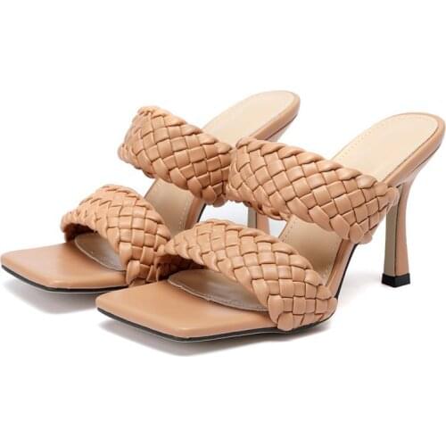 New Leather Braided High Heels Slippers Women Runway Party Shoes Woman Cross Wove Folds Mules Shoes Sexy Thin Heel Sandals Woman
