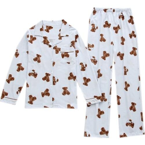 Knitted Cartoon Bear Print Women Home Suit Four Seasons Can Be Worn Outside Pajamas Set Long-sleeved Trousers Plus Size Lingere