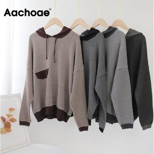 Aachoae Lady Striped Patchwork Hooded Sweater Women Batwing Long Sleeve Loose Pullover Sweater Femme Patch Decorate Casual Tops