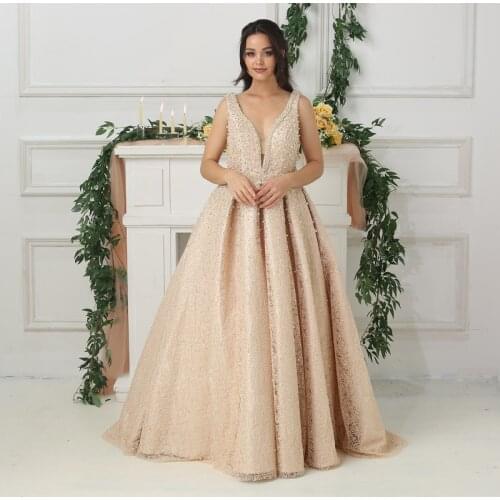 2020 New Design Sexy Deep V-neck Blue Evening Dresses Backless Pearls Floor Length Prom Dress Party Robe De Soiree BLA6173