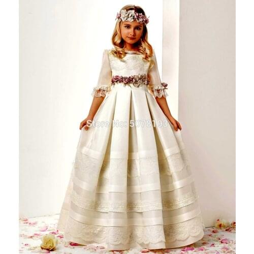 122 Ivory flower girl dresses/baby formal gowns floor-length boat-neck half-sleeves A-line matte satin appliques free shipping