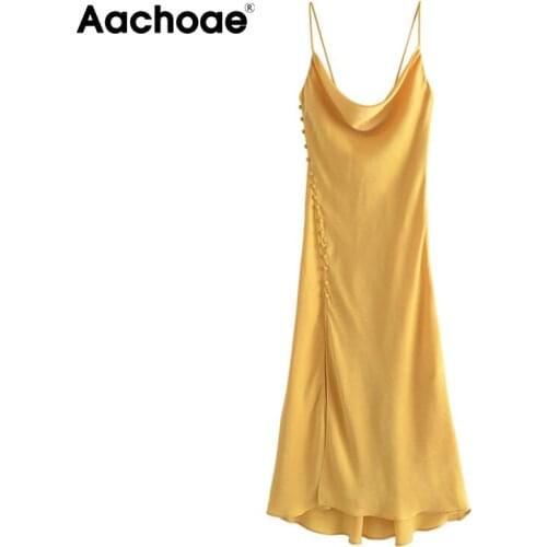 Aachoae 2021 Fashion Women Summer Elegant Satin Party Dress Sexy Spaghetti Strap Midi Dress Ladies Chic A Line Yellow Sundress