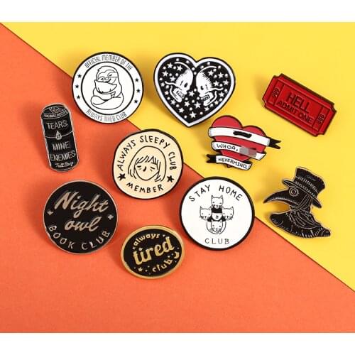 Punk Series Brooch Black and white skull stay home club Punk Crows Beak Always sleepy Brooch Cartoon Jewelry Lapel Badge Gifts