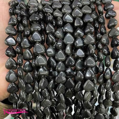 Natural Black Obsidian Stone Loose Beads High Quality 10mm Smooth Heart Shape DIY Gem Jewelry Accessories 38Pcs a3602
