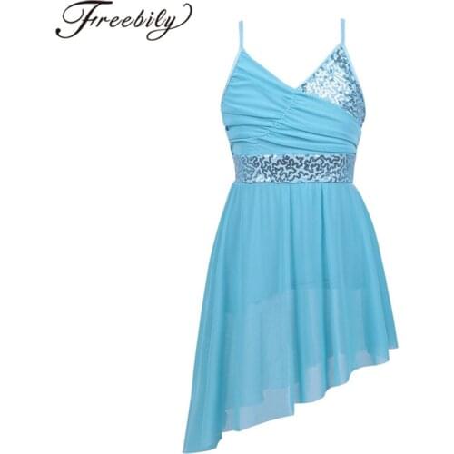 Kids Teens V Neck Sequins Tulle Dancewear Ballet Dress Ballerina Girls Contemporary Lyrical Dance Costumes Gymnastics Leotard