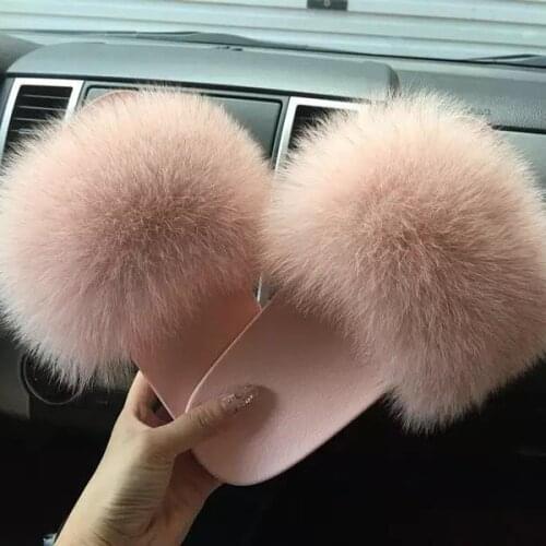 Home Slippers Women Fox Fur Slides Furry Female Indoor Slippers Furry Summer Shoes Woman Sandals Flat Brand Luxury Plus Size Eva