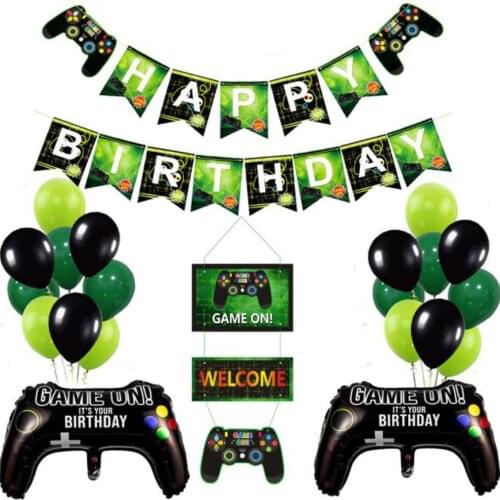 Boy game party decorations-happy birthday game banner, green and black mixed game balloon set props theme