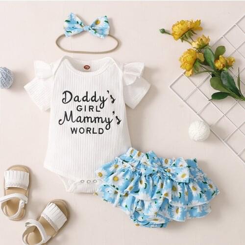 3 pcs Kids Childrens Clothing Sets Infant Baby Girls Letter Romper Bodysuit+Ruffles Floral Printed Shorts heandband Outfits