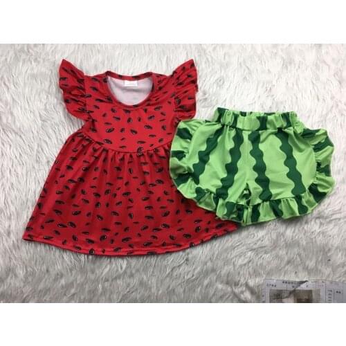 Hot selling baby grils red and green watermelon printed clothing sets80