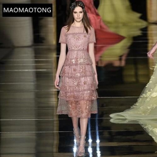 Fashion Designer Dress Summer Womens Dress Short Sleeve Gorgeous Gold Line Embroidery Sequined Lace Elegant Dresses