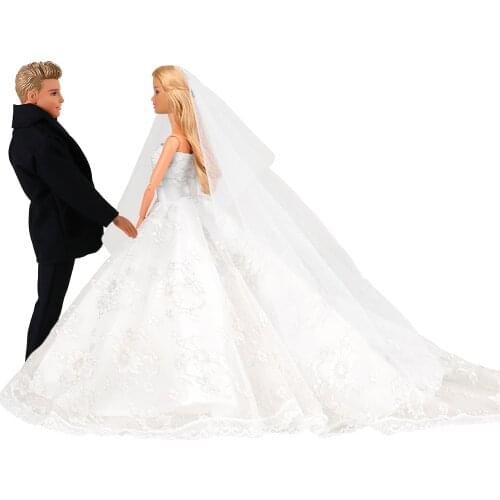 Fashion Handmade Beautiful Doll Accessories Bride Princess Wedding Dress White Groom Dolls Clothes For Barbie Ken Game DIY Gift