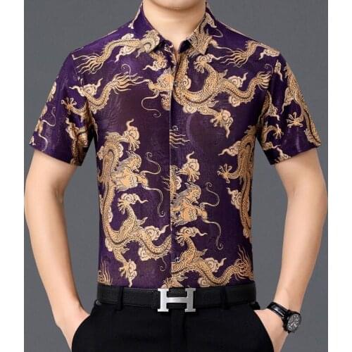 Purple Ice Silk Shirts For Mens Green Hawaiian Dress With Dragon Printed Summer Cozy Mens Clothing Large Sizes Unusual Beach Top