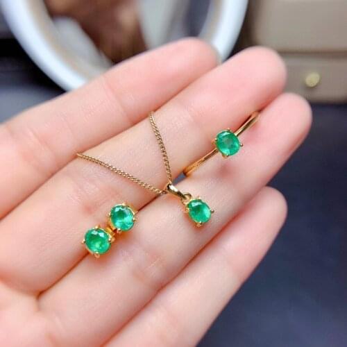 Classic Small elegant Round Natural green Emerald jewelry sets natural gemstone ring earring Pendant S925 silver girl party gift